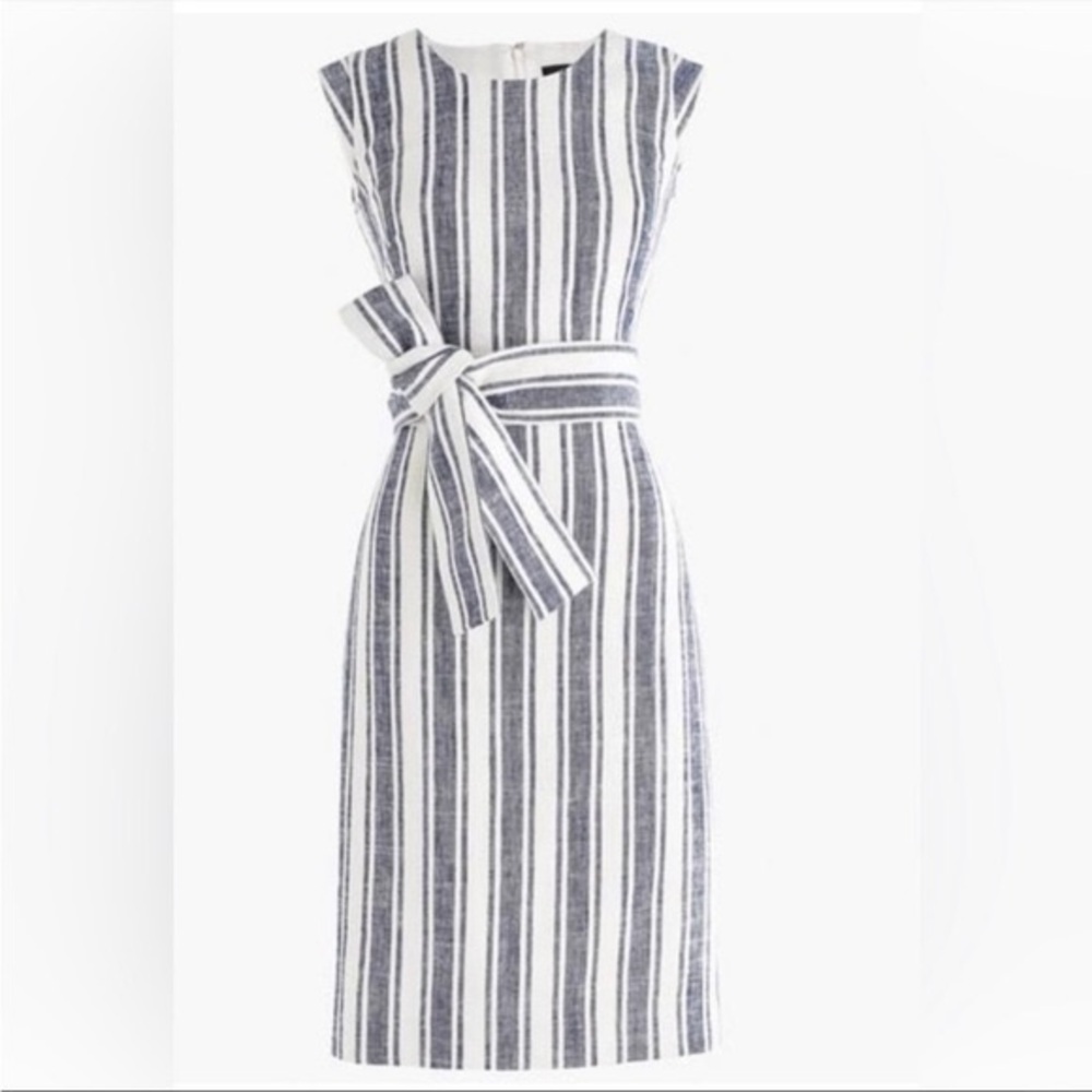 NWT J. Crew White and Blue Sheath Dress with Cap Sleeves and Belt Sz 00